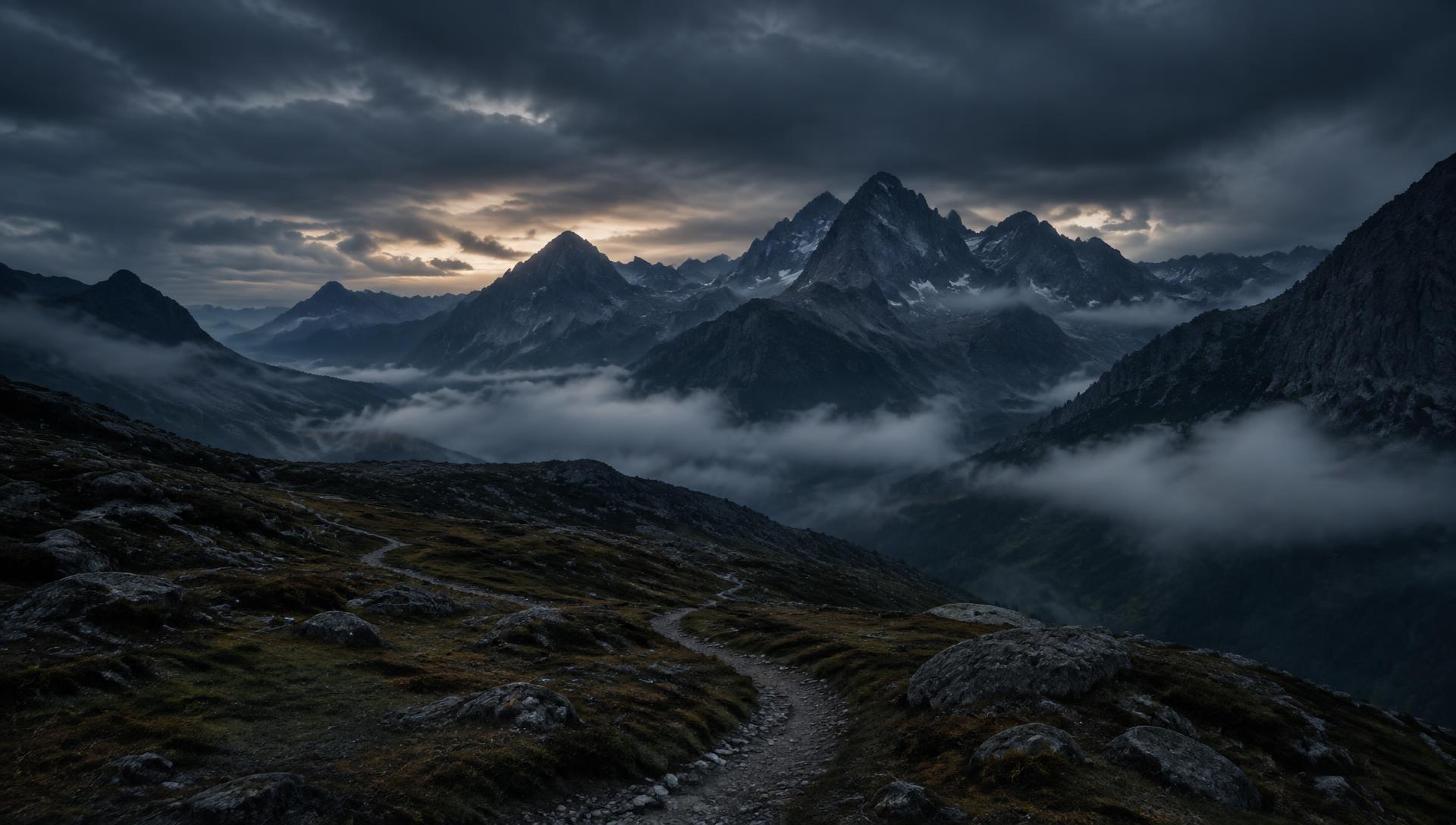Majestätische Berglandschaft im Abendlicht, Dunst zieht durch die Täler, ein Pfad führt in die Ferne